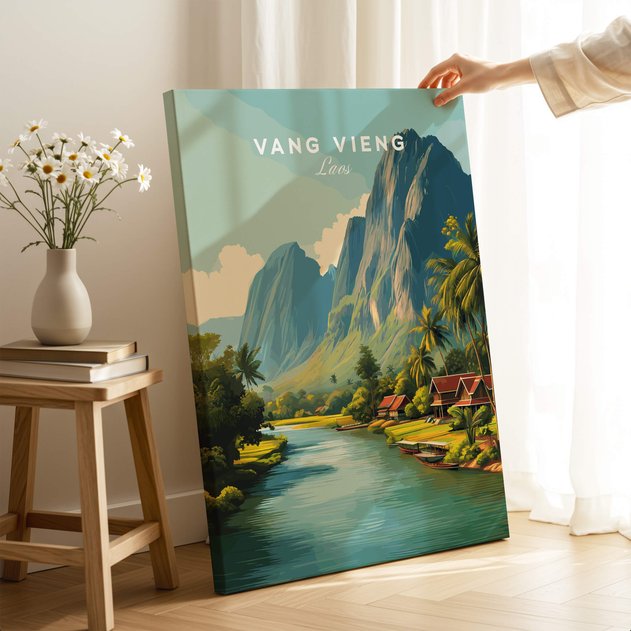 Vang Vieng Laos Wall Art Print | Tropical River Valley Travel Poster showcasing a serene river and limestone mountains.