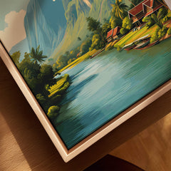 Vang Vieng Laos Wall Art Print | Tropical River Valley Travel Poster featuring lush river valley and mountains.