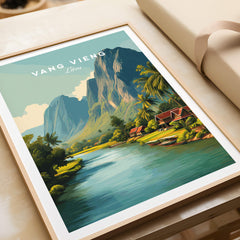 Vang Vieng Laos Wall Art Print | Tropical River Valley Travel Poster featuring a scenic river landscape and limestone formations.