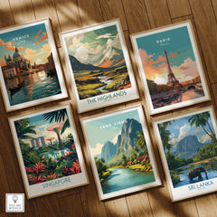 Vang Vieng Laos Wall Art Print | Tropical River Valley Travel Poster showcased with other travel art prints.