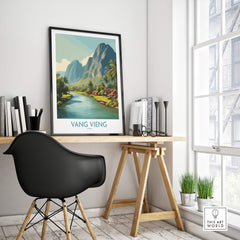 Vang Vieng Poster | Laos Village Canvas Print displayed in a modern home office, showcasing tranquil riverside scenes.