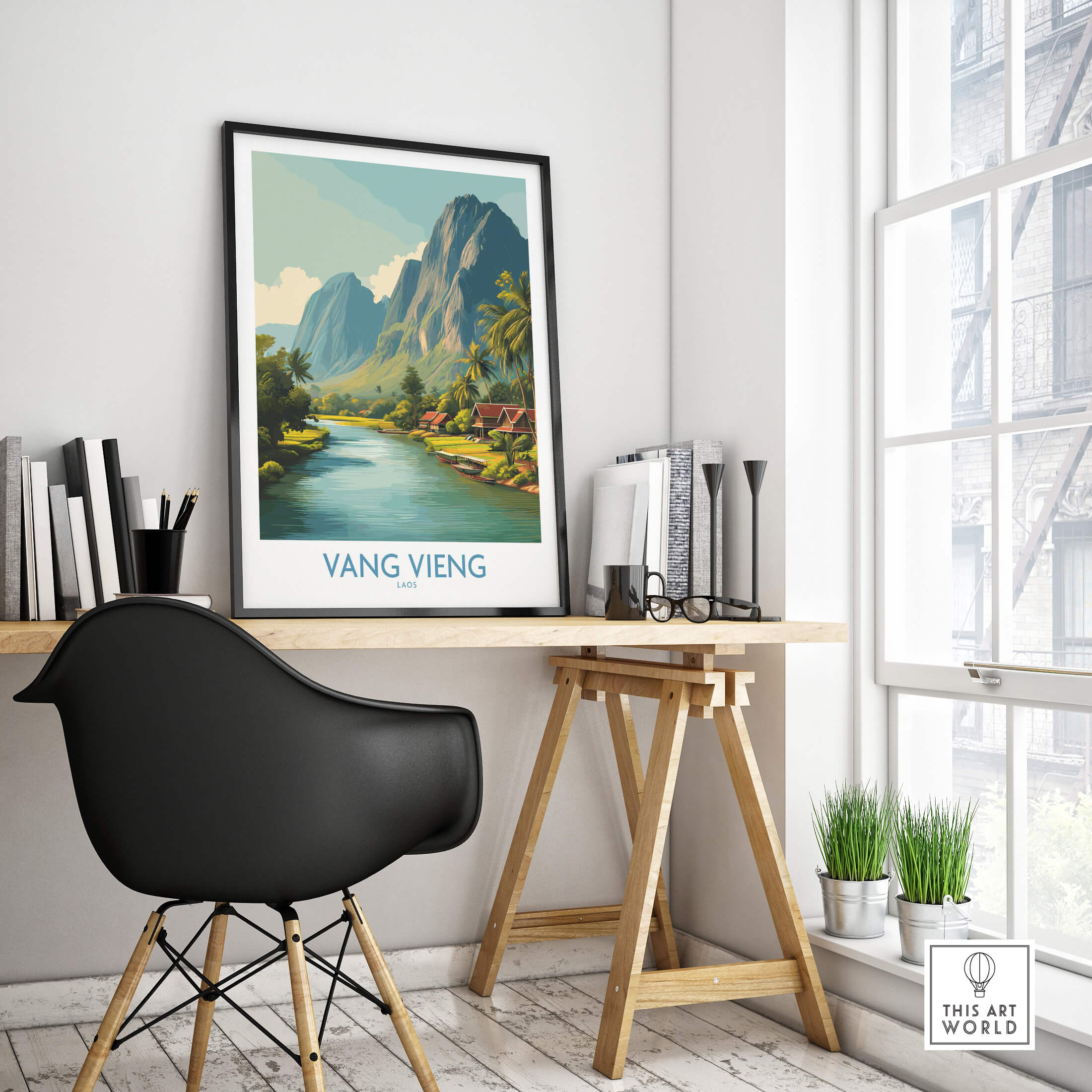 Vang Vieng Poster | Laos Village Canvas Print displayed in a modern home office, showcasing tranquil riverside scenes.