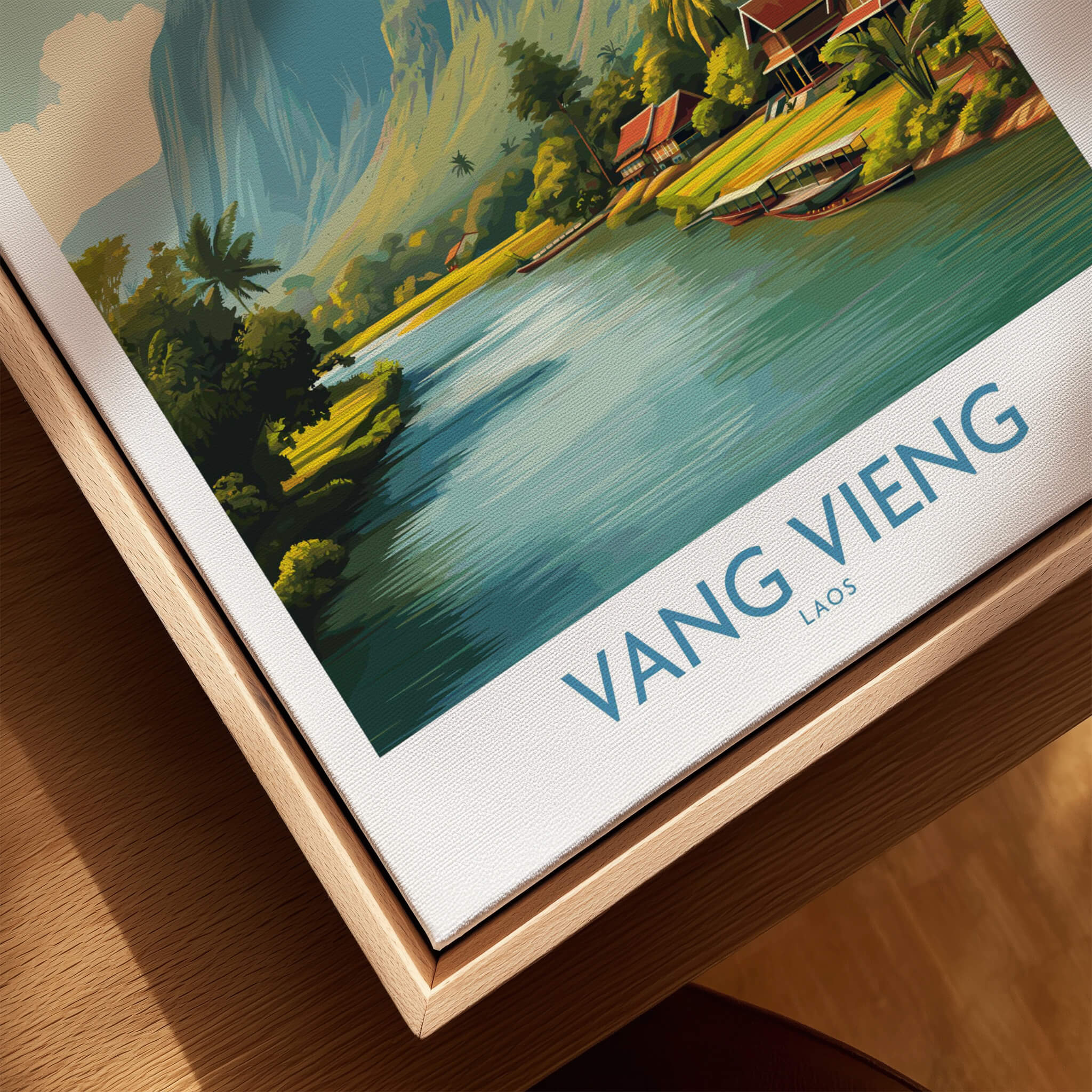 Vang Vieng Poster | Laos Village Canvas Print featuring serene village life and riverside landscapes.