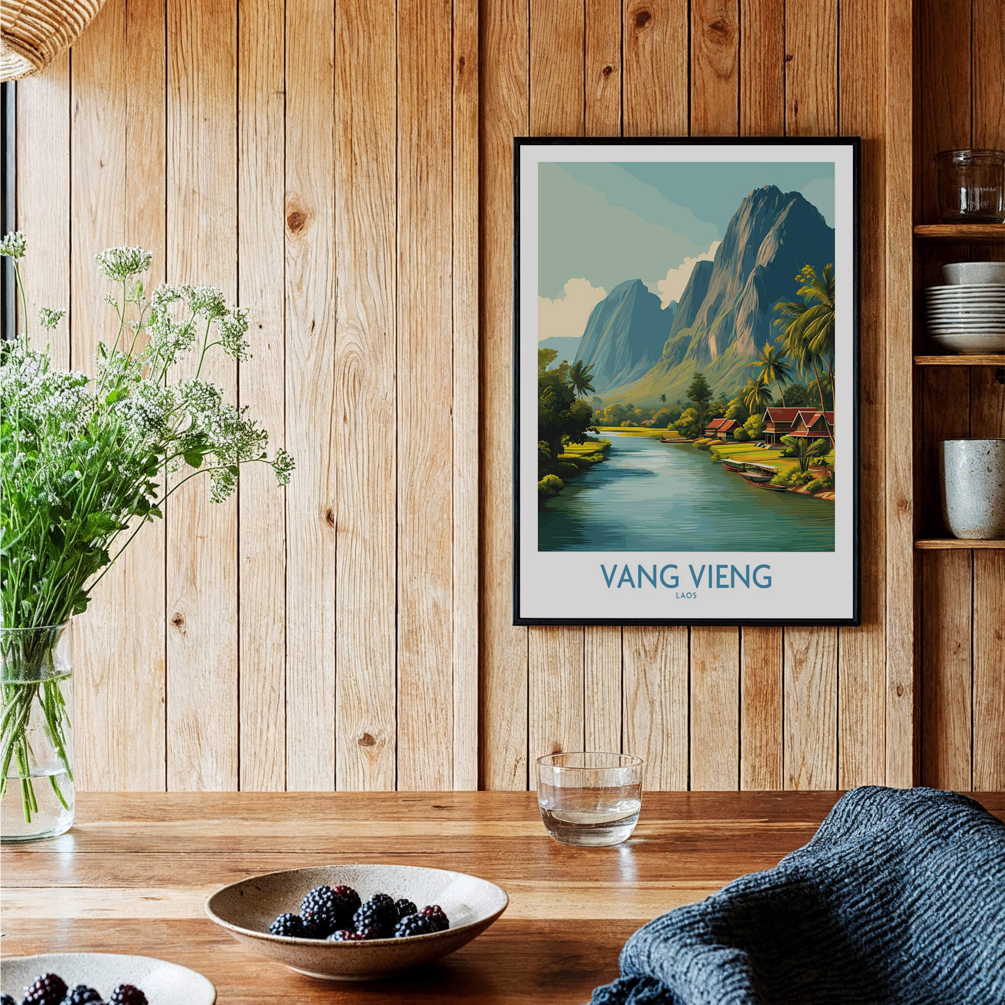 Vang Vieng Poster | Laos Village Canvas Print showcasing tranquil riverside village life and dramatic limestone cliffs.