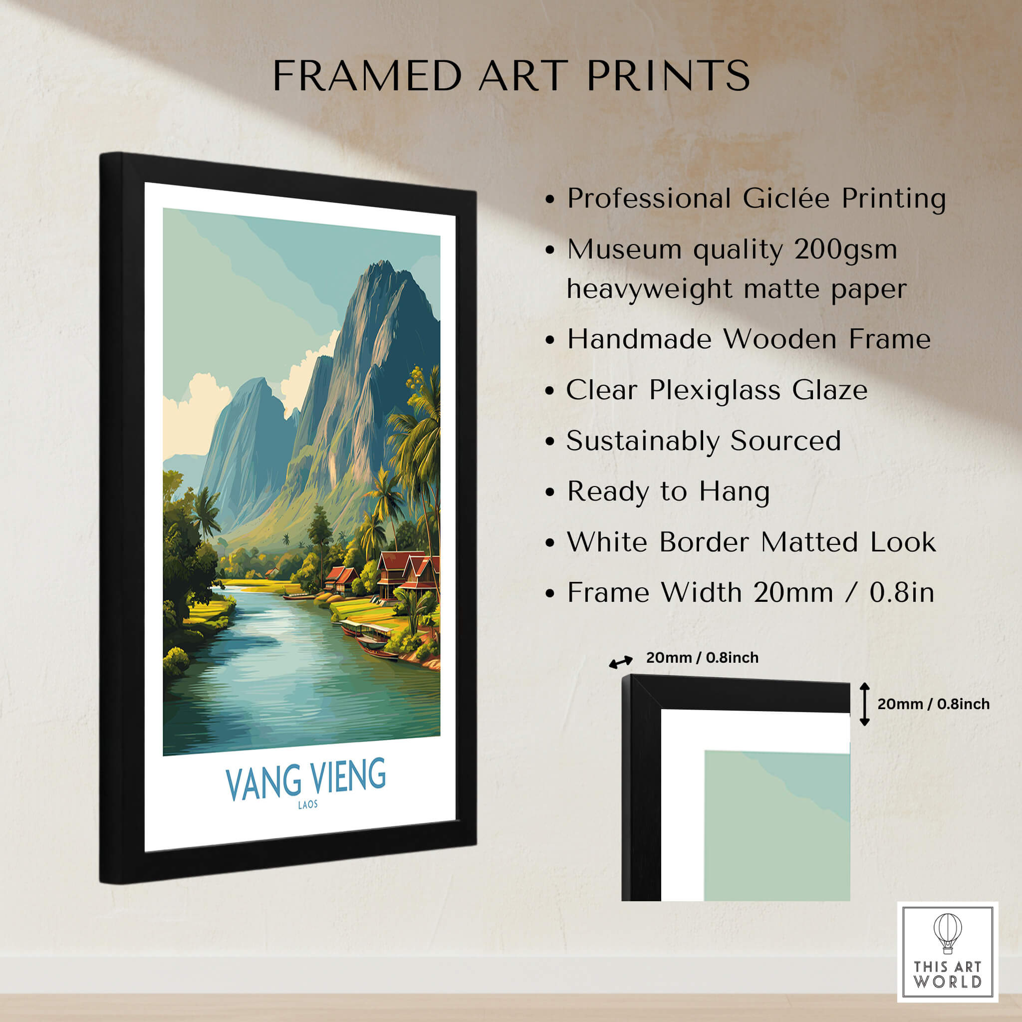 Vang Vieng Poster | Laos Village Canvas Print featuring framed art prints and serene river scene.