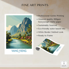 Vang Vieng Poster | Laos Village Canvas Print depicting serene riverside life and dramatic limestone cliffs.