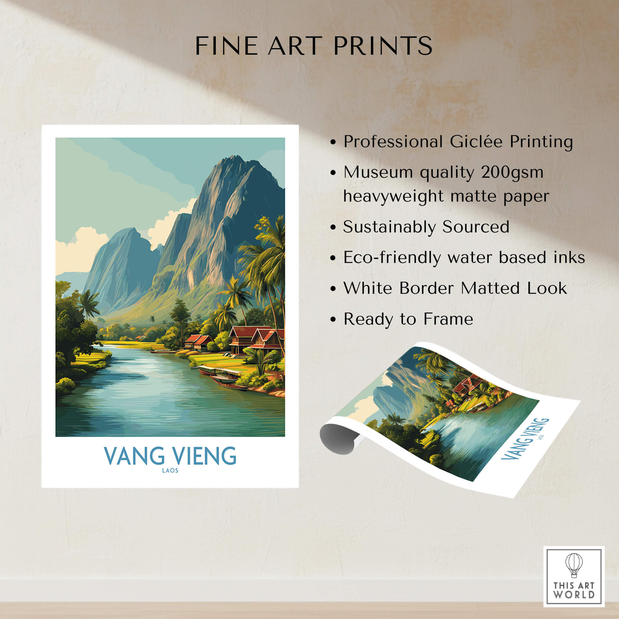 Vang Vieng Poster | Laos Village Canvas Print depicting serene riverside life and dramatic limestone cliffs.
