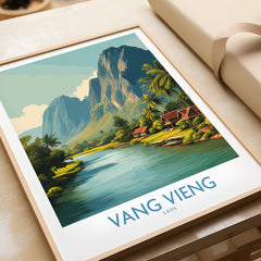 Vang Vieng Poster | Laos Village Canvas Print showcasing Laotian landscapes and riverside villages.