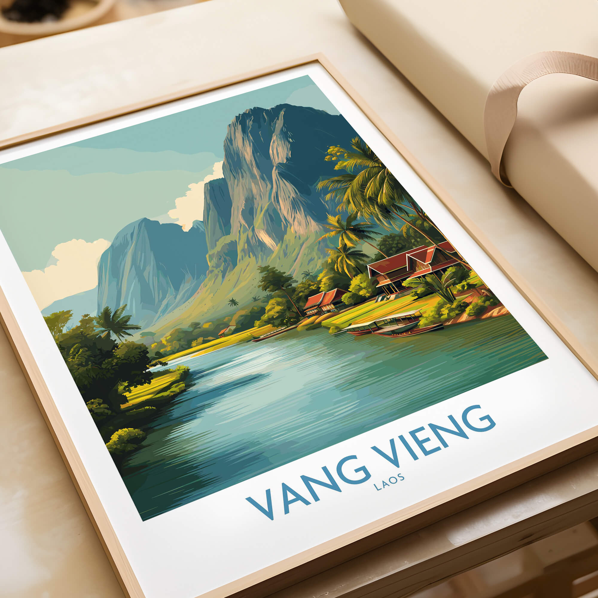 Vang Vieng Poster | Laos Village Canvas Print showcasing Laotian landscapes and riverside villages.