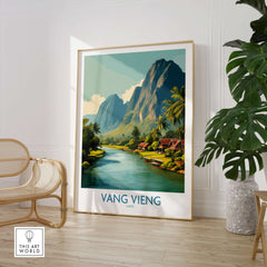 Vang Vieng Poster | Laos Village Canvas Print showcasing scenic riverside village with mountains in background.