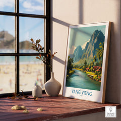 Vang Vieng Poster | Laos Village Canvas Print featuring scenic river view and limestone cliffs
