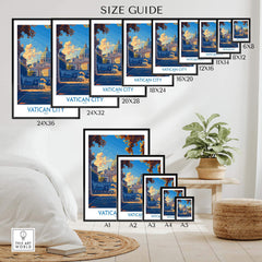 Size guide for Vatican City St Peters Basilica Travel Poster showcasing various print sizes.