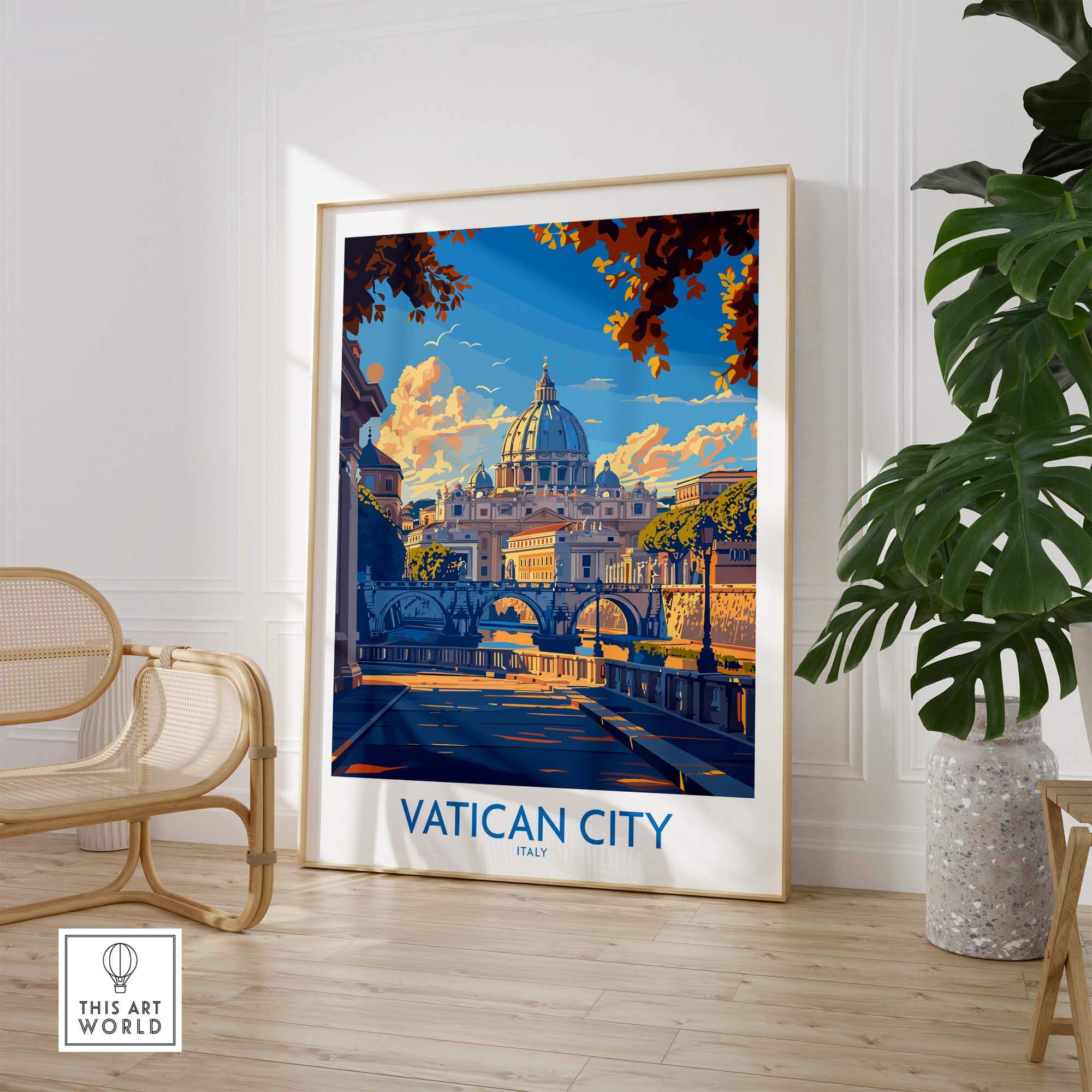 Vatican City St Peters Basilica Travel Poster showcasing the iconic architecture and beauty of Vatican City.