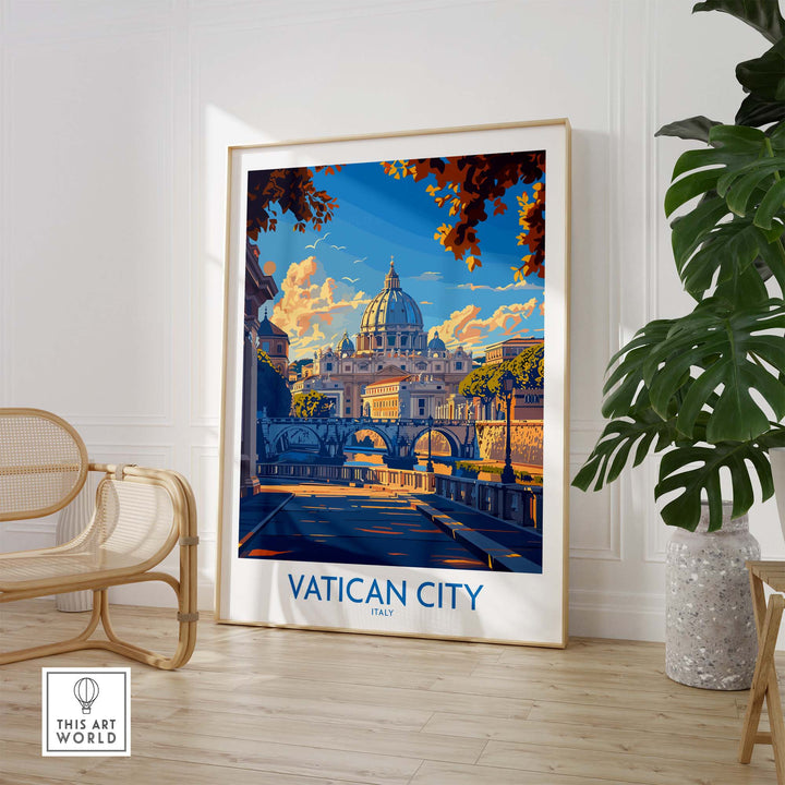 "Vatican City St Peters Basilica Travel Poster in stylish room setting with chair and plant"