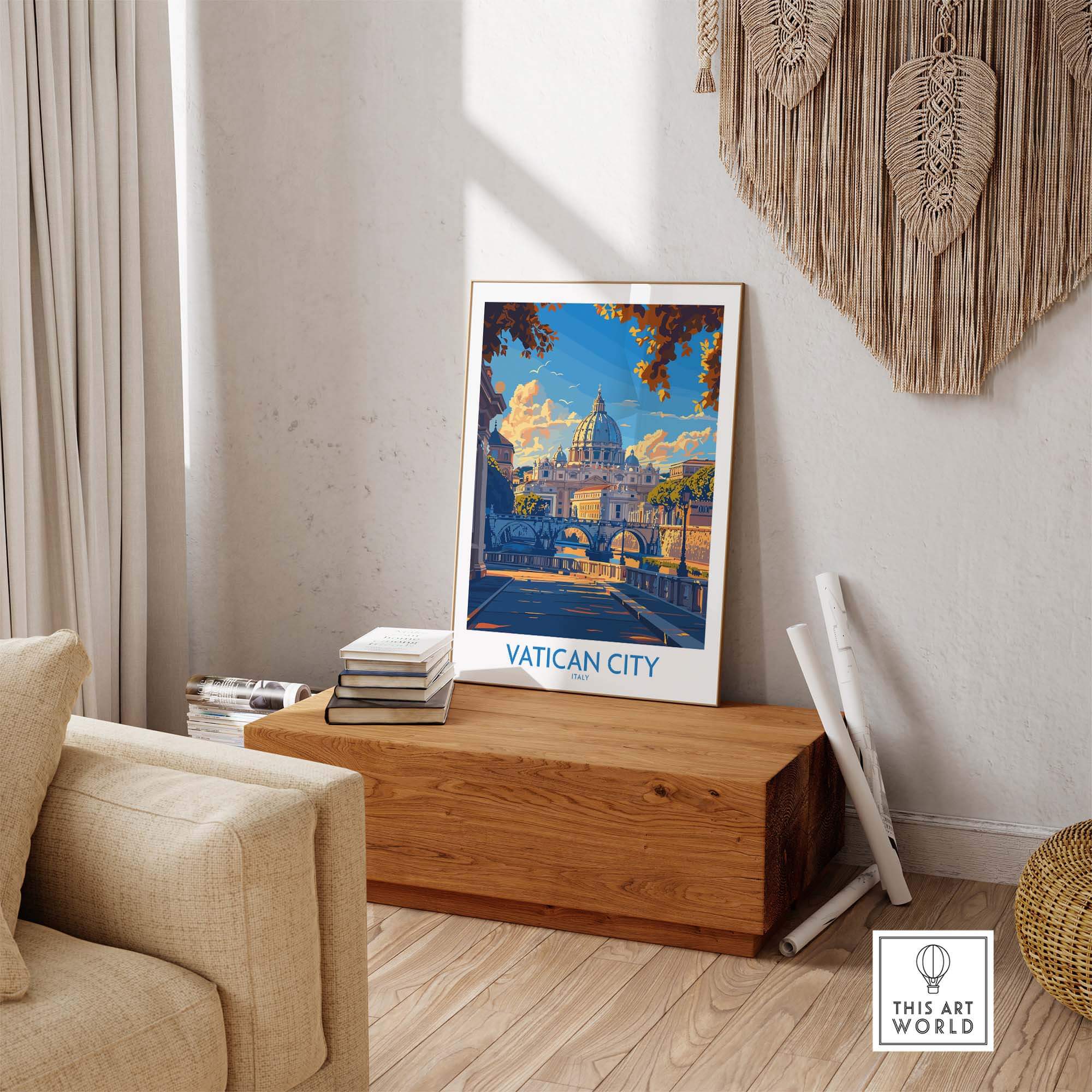 Vatican City St Peters Basilica Travel Poster displayed in a modern living room setting with natural decor.