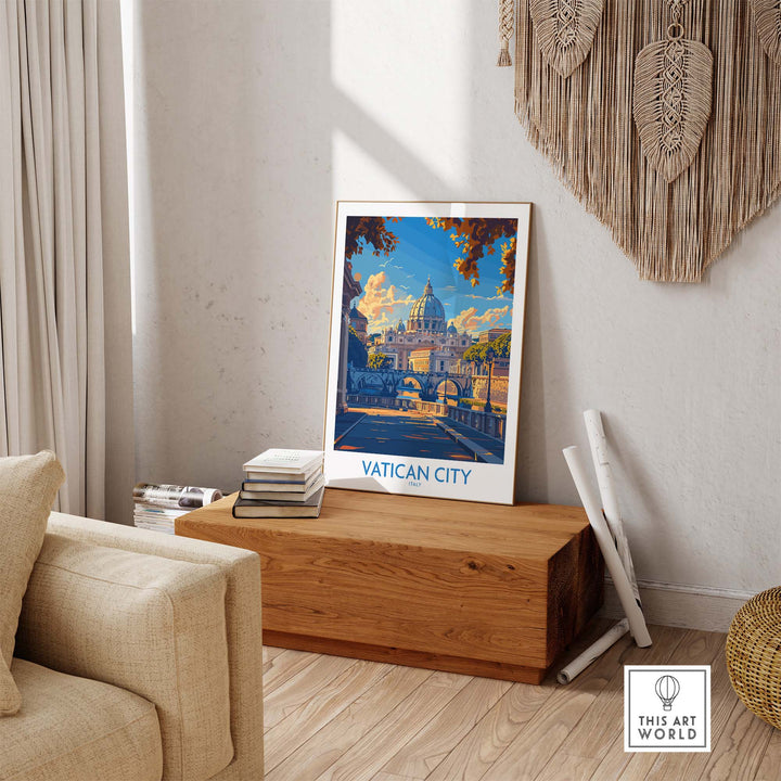 Vatican City St Peter's Basilica travel poster displayed on a wooden chest in a cozy, well-lit room with natural decor elements.