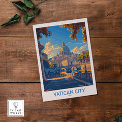 Vatican City St Peters Basilica Travel Poster showcasing the iconic basilica and vibrant colors.