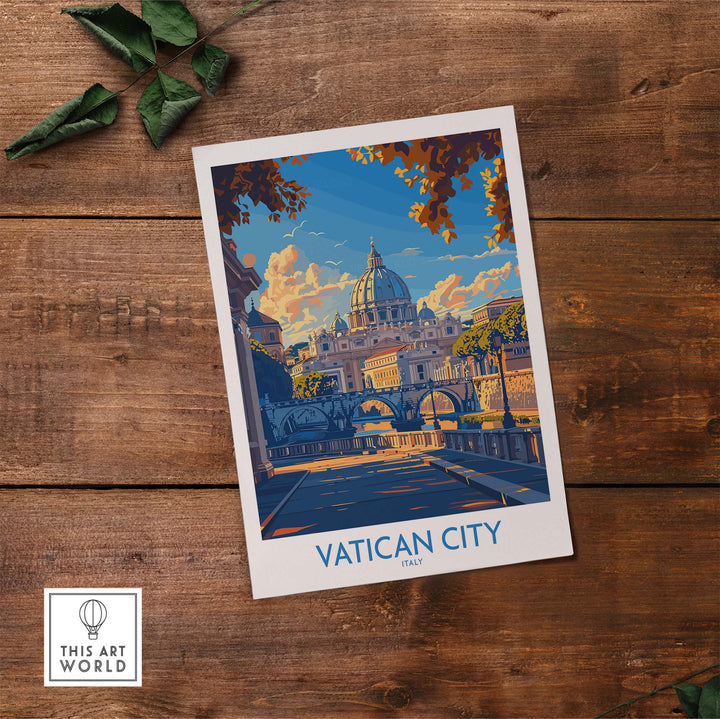 Vatican City St Peters Basilica travel poster with vibrant illustration on a wooden background