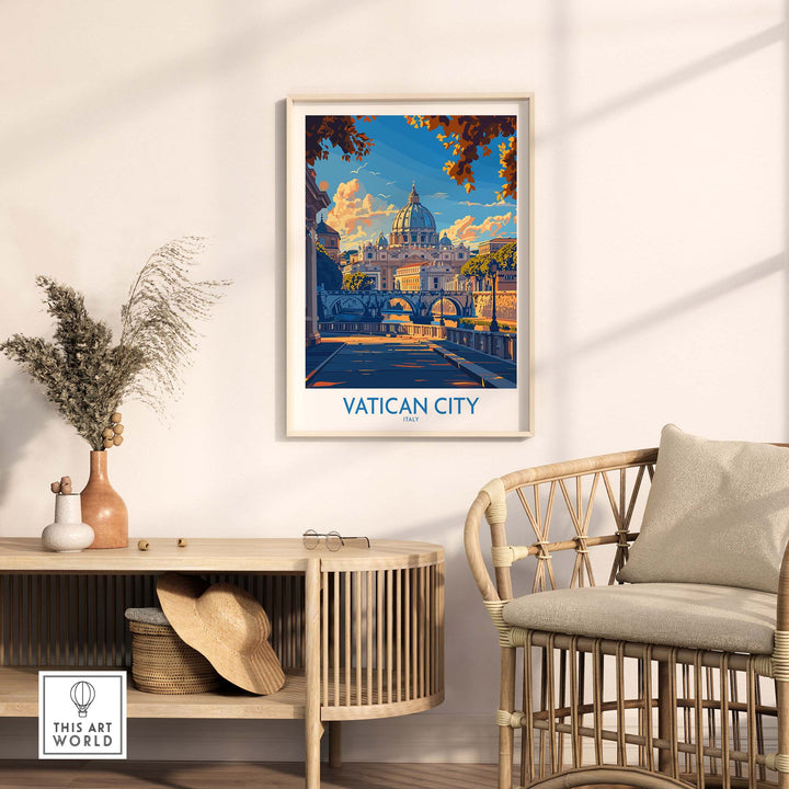 Travel poster of Vatican City's St. Peter’s Basilica on wall above wooden console table in cozy living room.