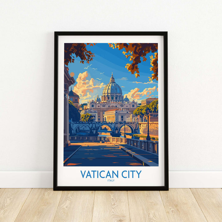 Vatican City St Peters Basilica travel poster featuring a detailed illustration of the iconic basilica in rich colors.