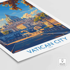 Vatican City St Peters Basilica Travel Poster featuring the iconic basilica in vibrant colors and detailed illustration.