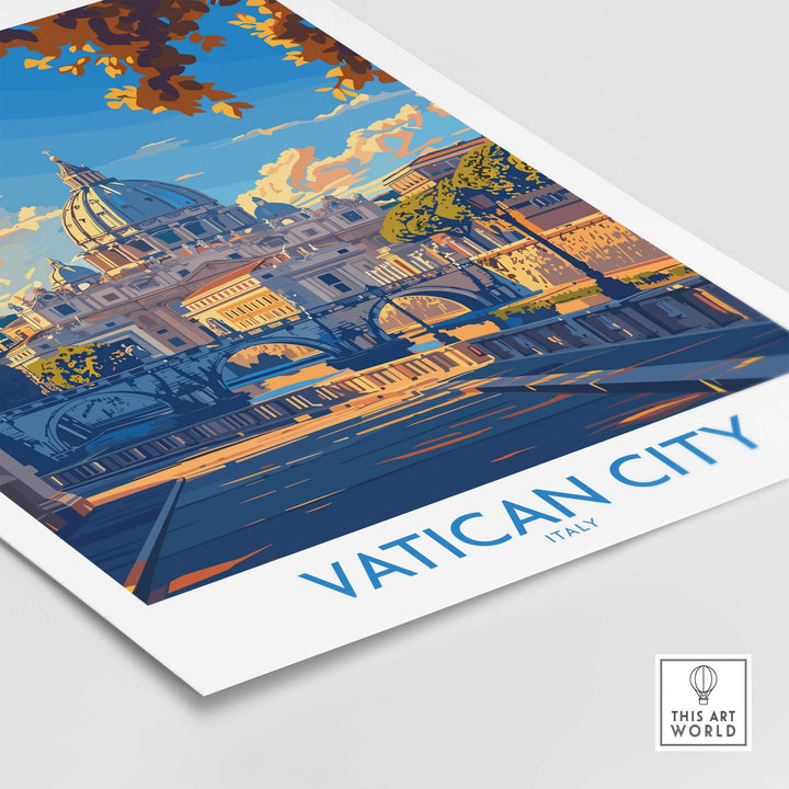 Vatican City St Peters Basilica travel poster featuring detailed illustration of the basilica in rich colors.