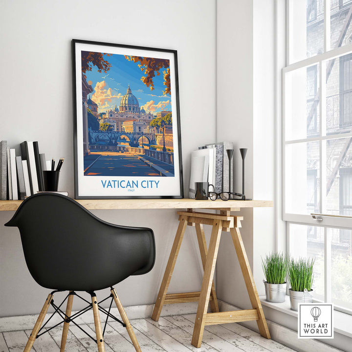 Vatican City St Peters Basilica travel poster displayed in a modern home office setting.