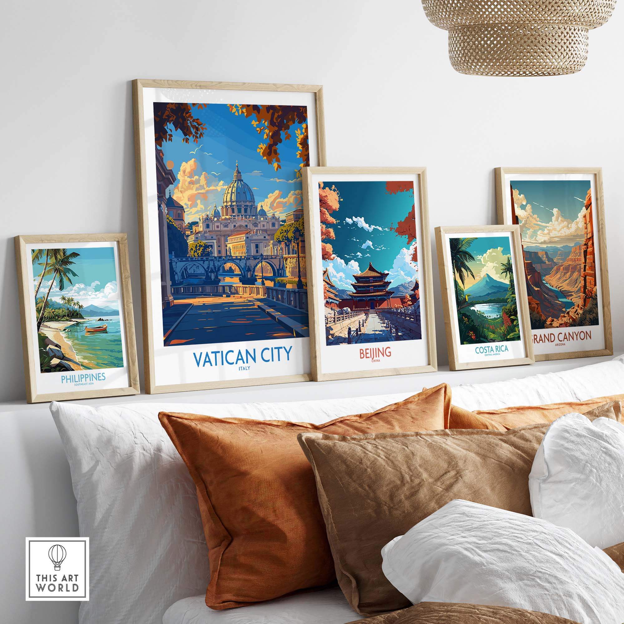 Vatican City St Peters Basilica Travel Poster displayed among other travel posters on a stylish couch.