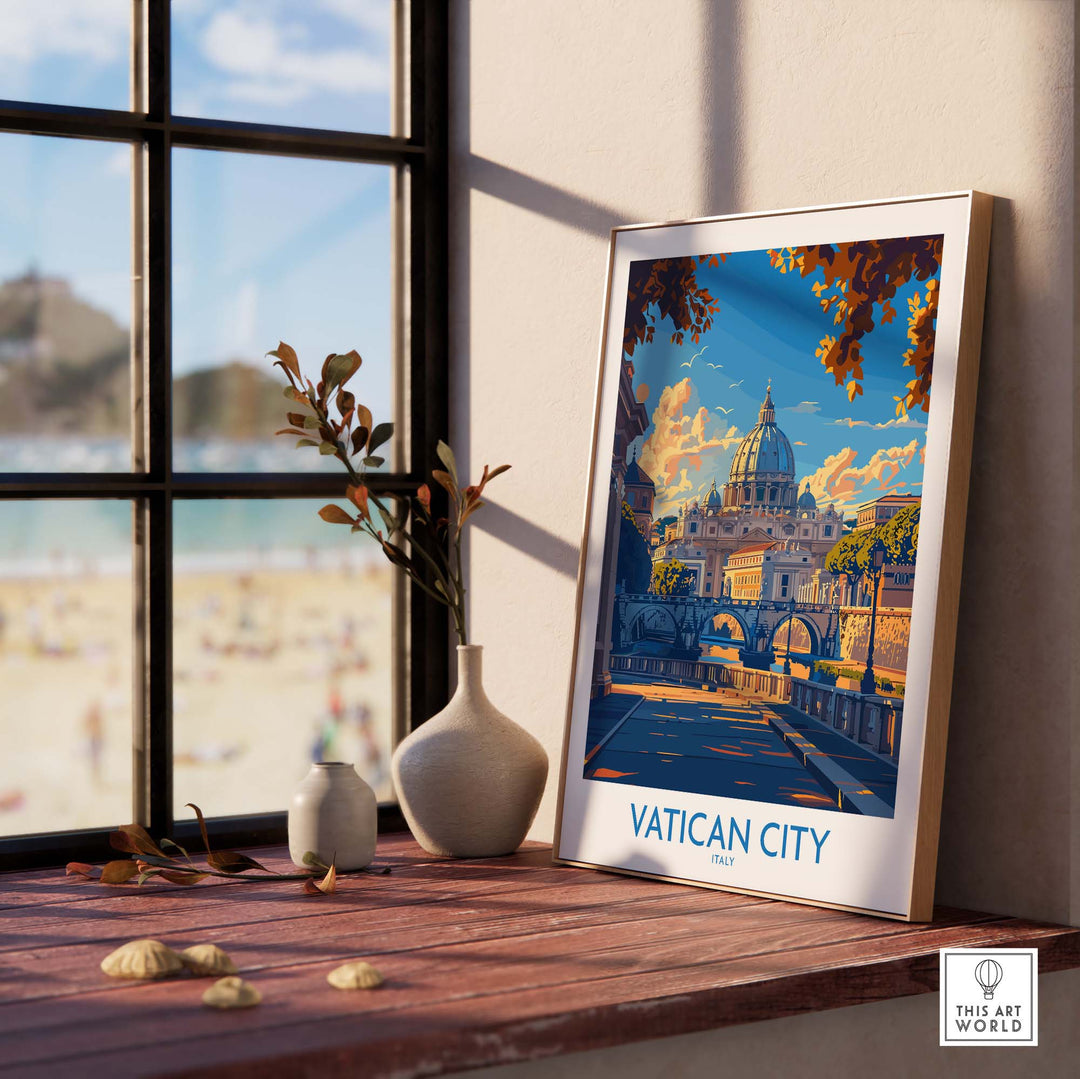 Vatican City St Peters Basilica travel poster displayed on a windowsill with decorative vases.