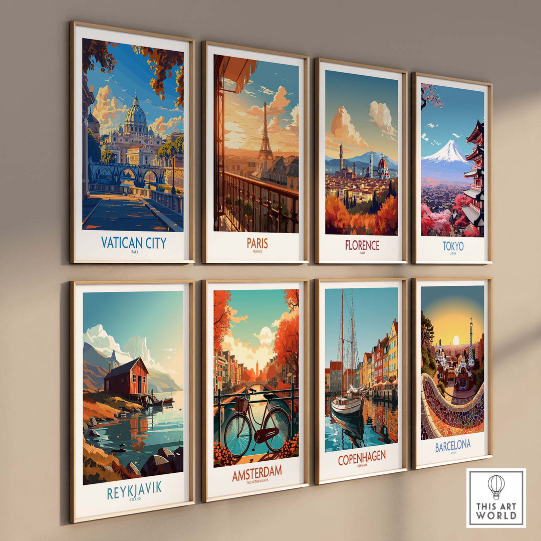 Collection of travel posters featuring Vatican City, Paris, Florence, Tokyo, Reykjavik, Amsterdam, Copenhagen, and Barcelona.