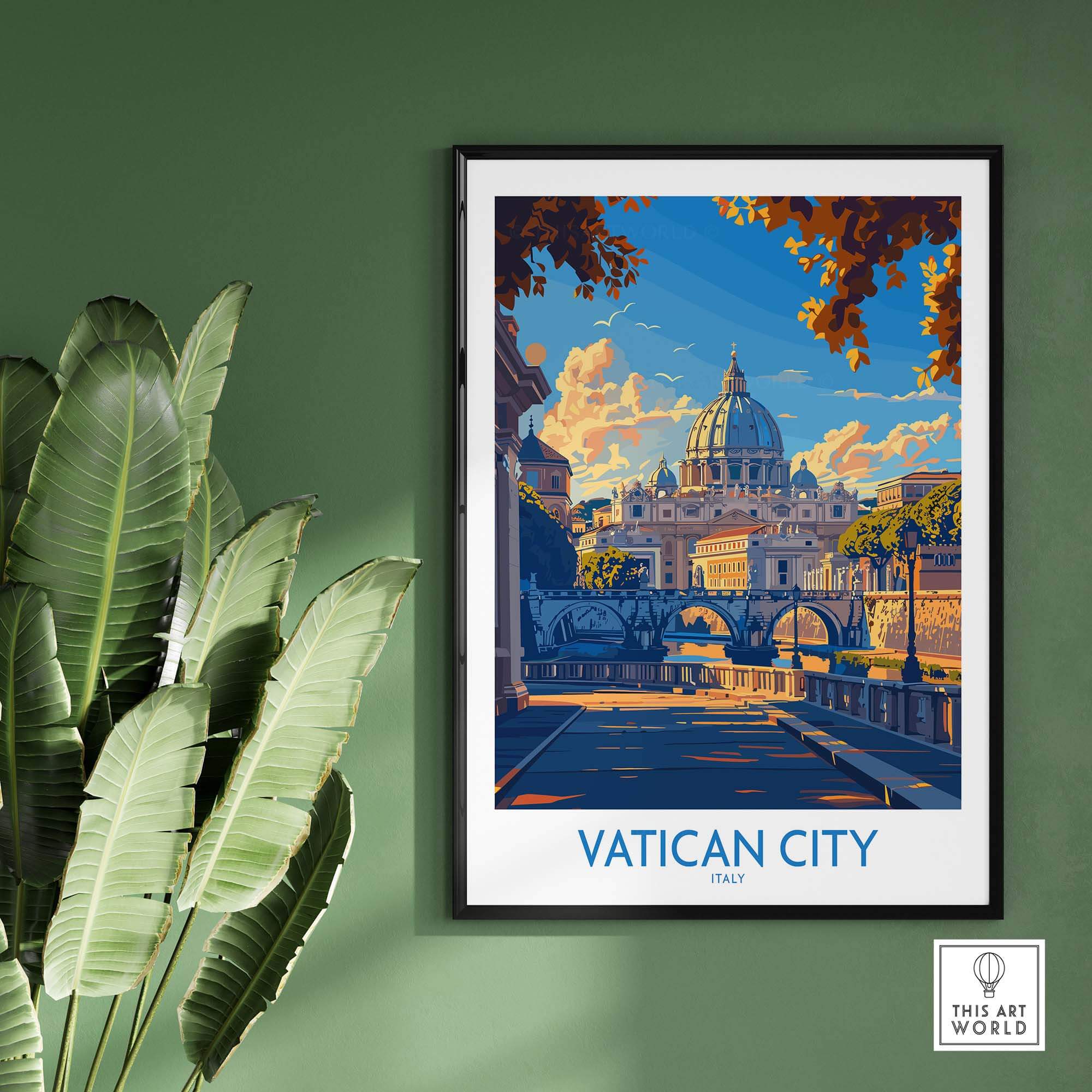 Vatican City St Peters Basilica Travel Poster showcasing the iconic basilica surrounded by a beautiful landscape.