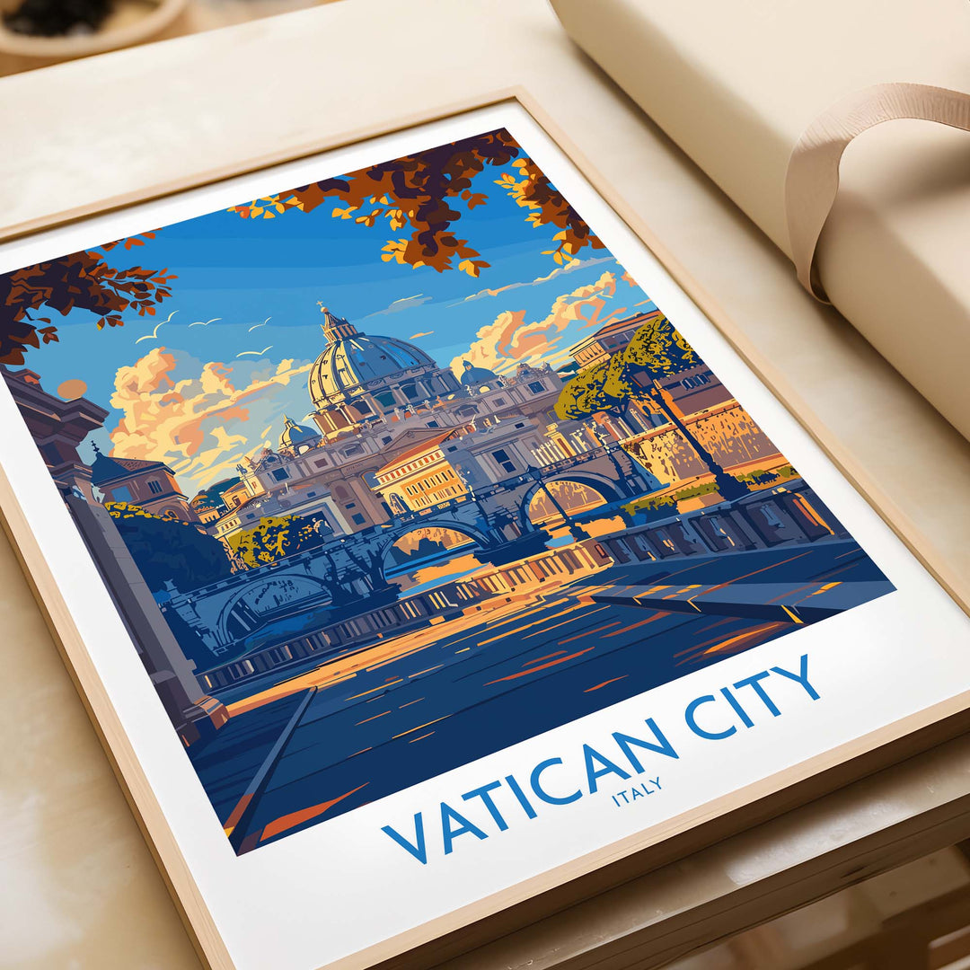 Vatican City St Peters Basilica Travel Poster with detailed illustration and vibrant colors, showcasing iconic architecture.
