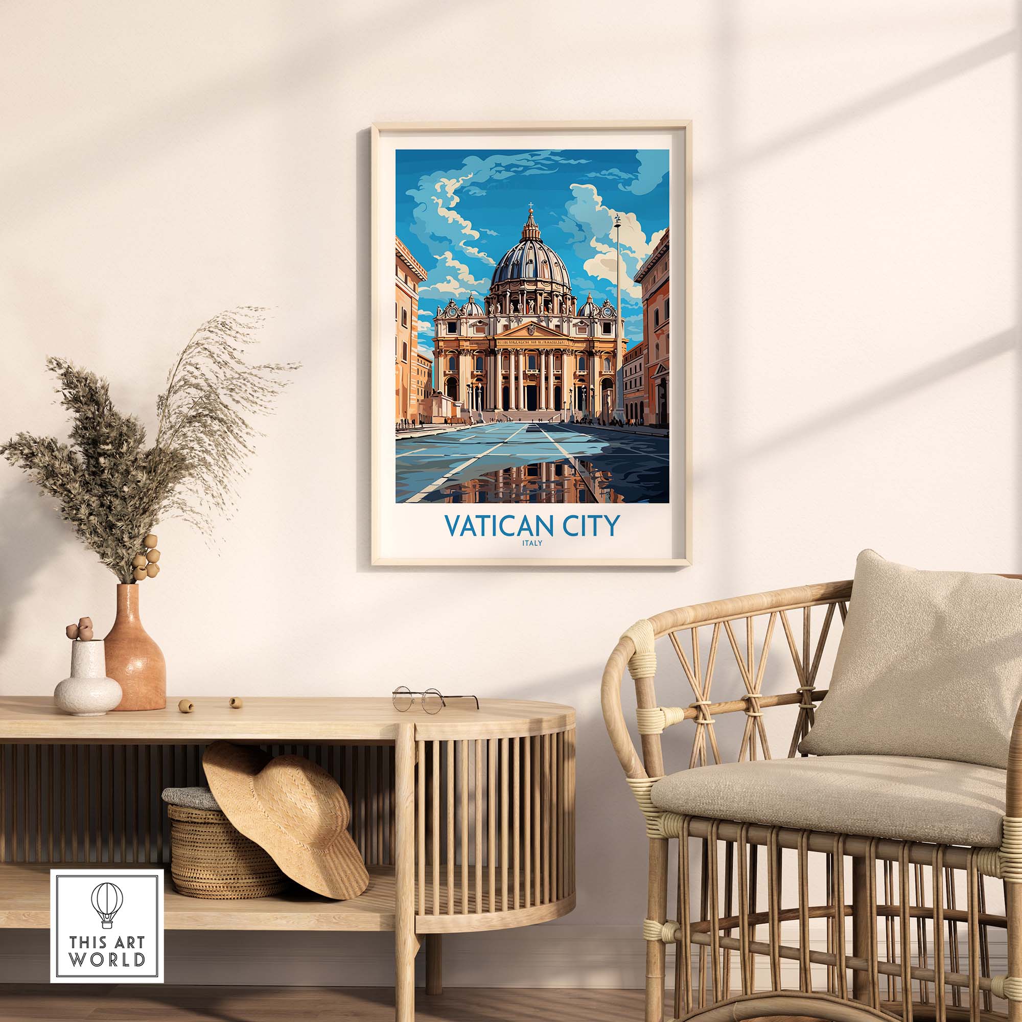 a room with a chair, a table and a picture on the wall
