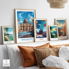 a bunch of pictures hanging on a wall above a bed