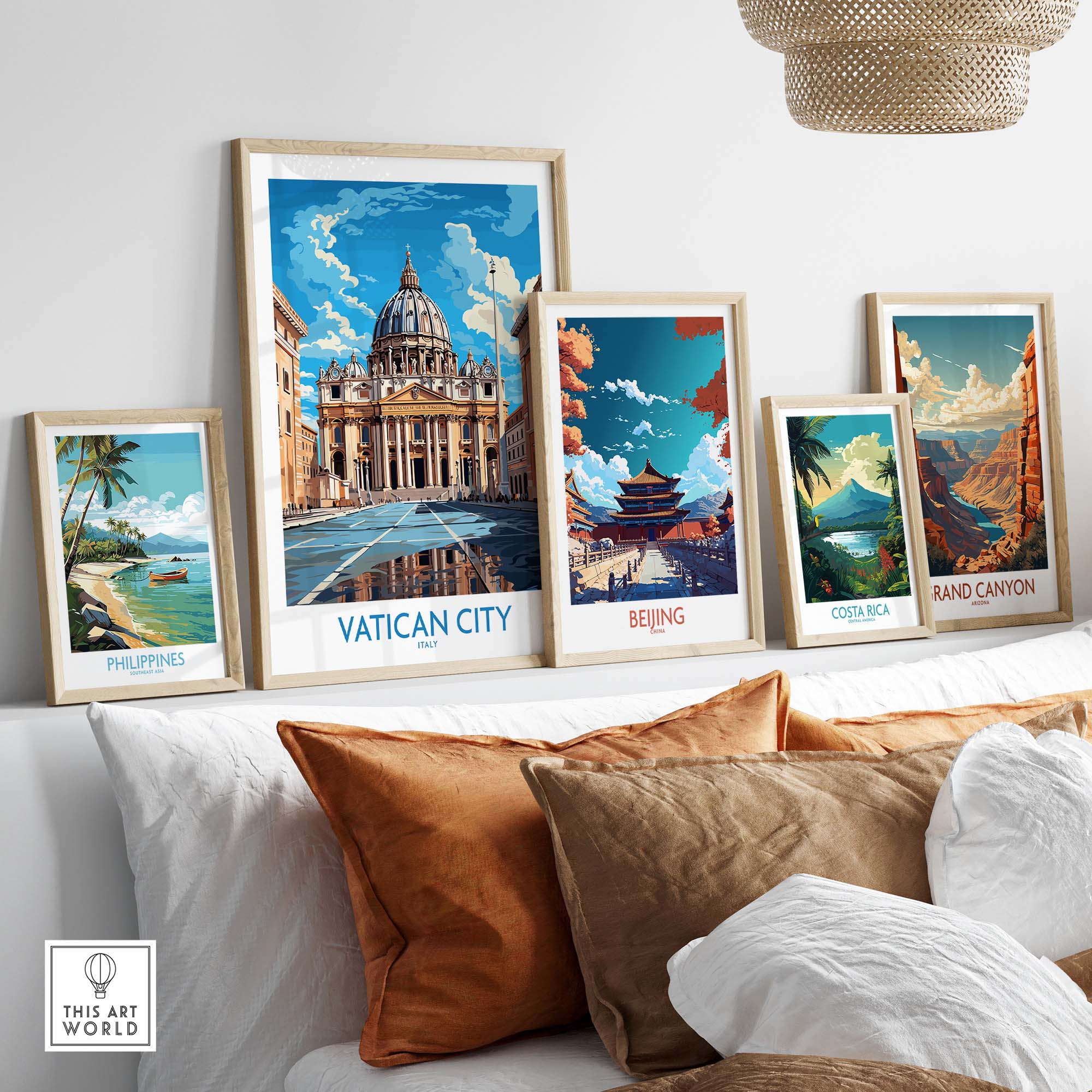 a bunch of pictures hanging on a wall above a bed