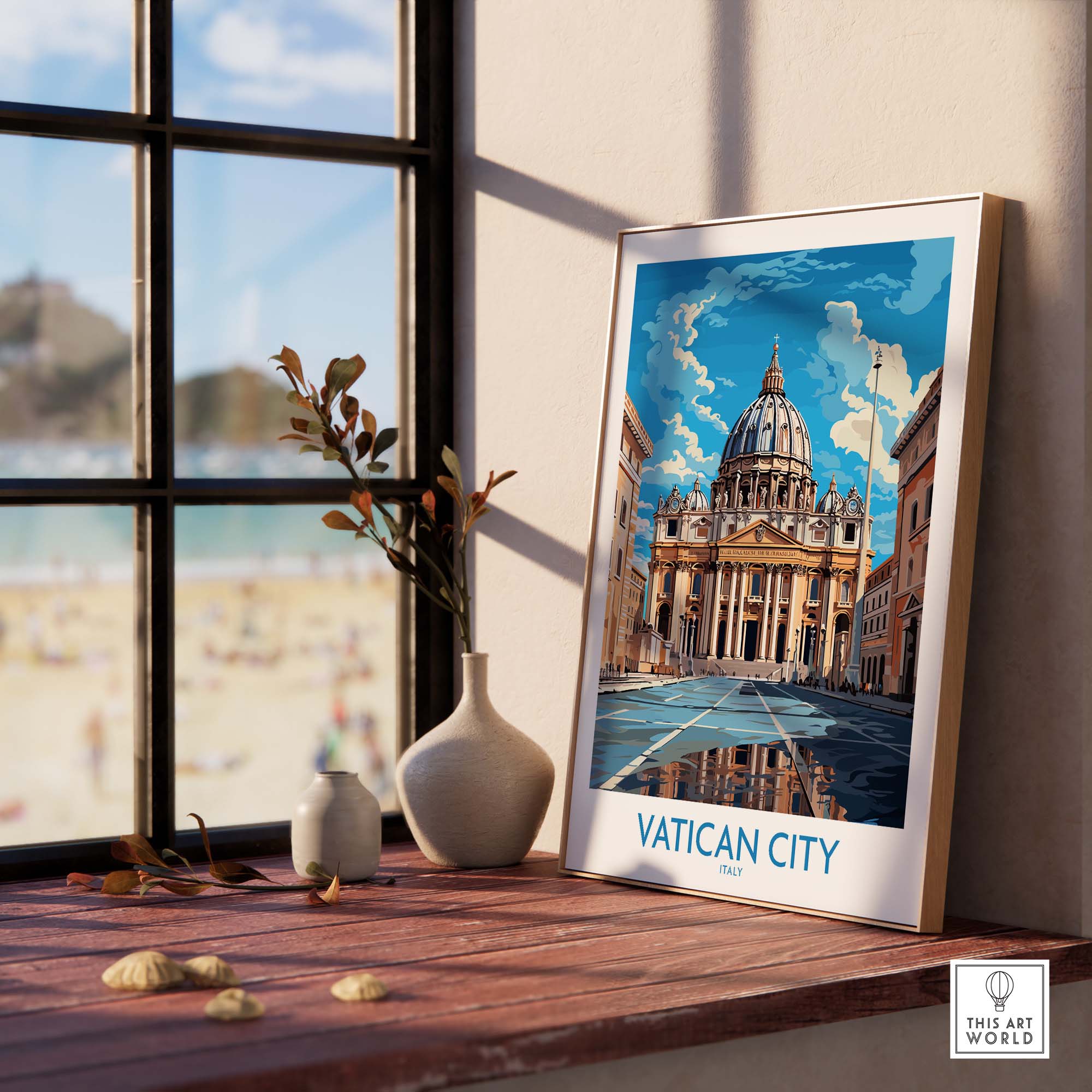 a picture of a picture of a cathedral on a window sill