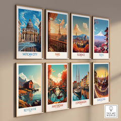 a set of four travel posters hanging on a wall