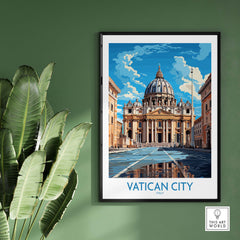 a green wall with a picture of a building and a potted plant