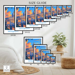 a bedroom with a bed and a picture of a city