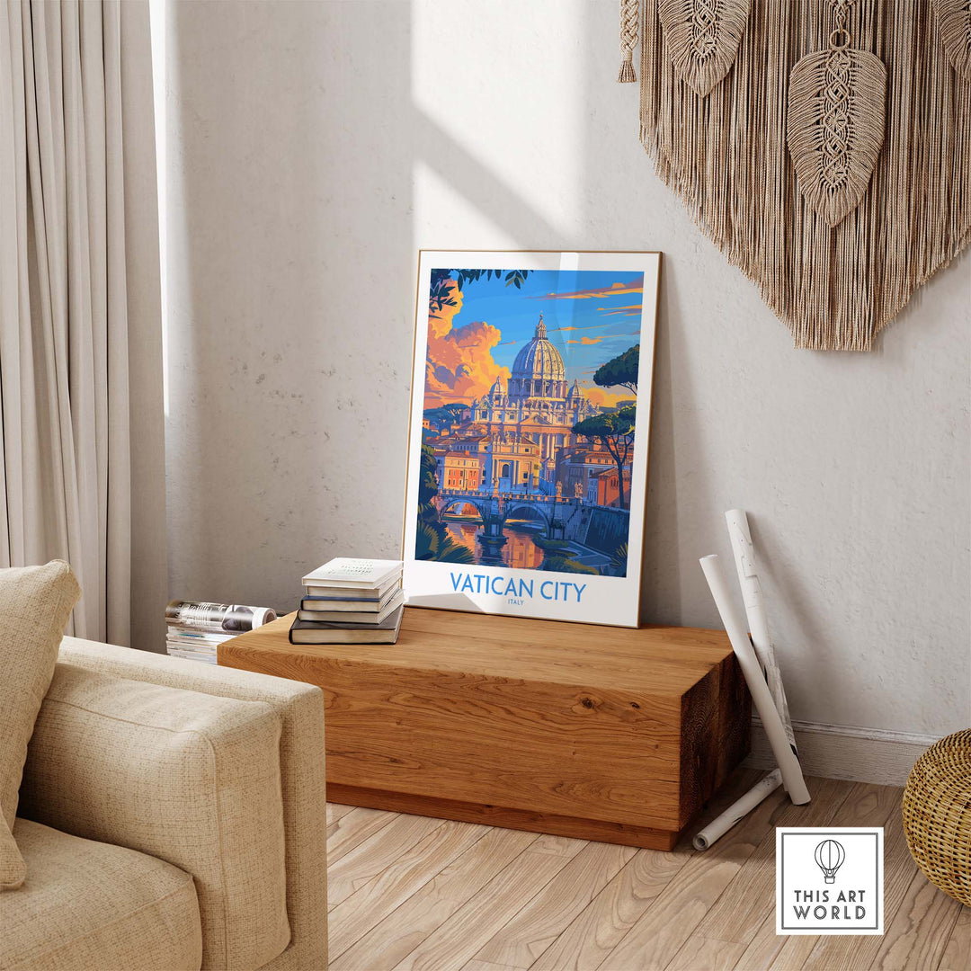 a picture of a city is on a shelf in a living room