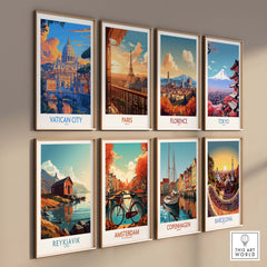 a set of four travel posters hanging on a wall