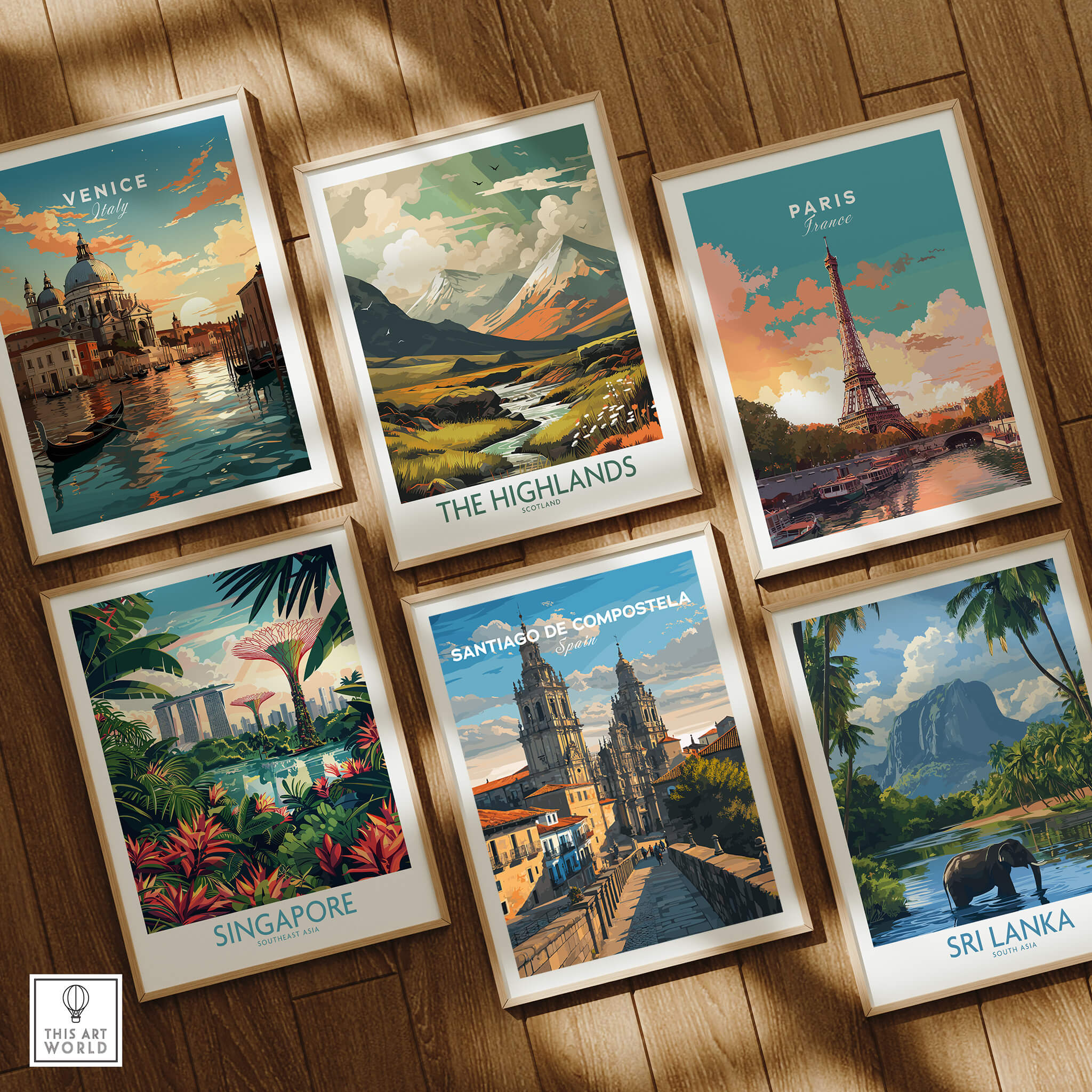 Santiago de Compostela Obradoiro Square View Print | Spanish Religious Art among travel posters featuring Venice, Paris, Singapore, and Sri Lanka.