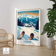 Verbier poster showcasing stunning Swiss Alps scenery with skis in a chic home setting, perfect for travel enthusiasts.