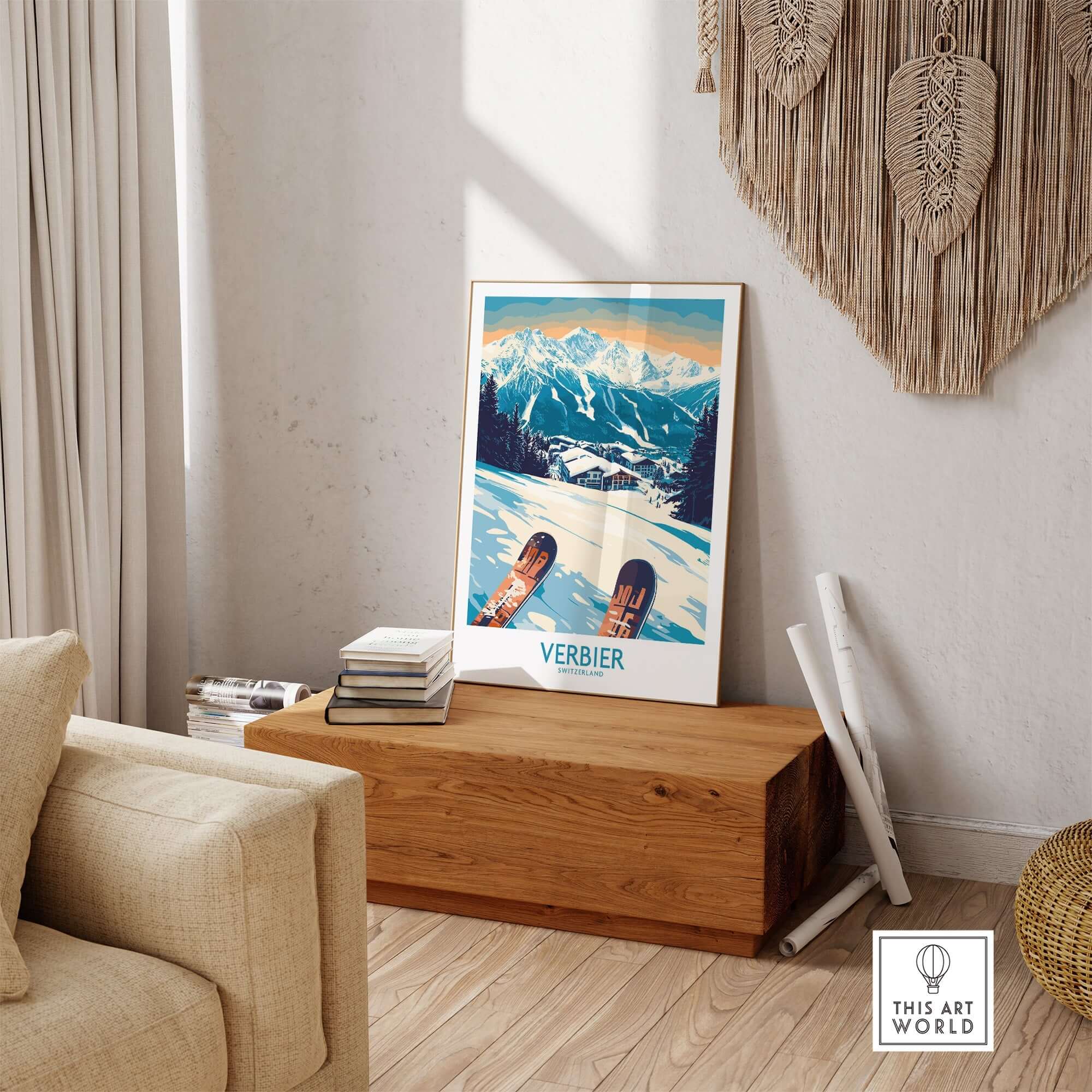 Verbier poster showcasing Swiss Alps beauty, displayed in a cozy home setting with modern décor.