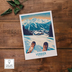 Verbier poster showcasing Swiss Alps with skiing scenery, perfect for adding travel-inspired decor to your space.