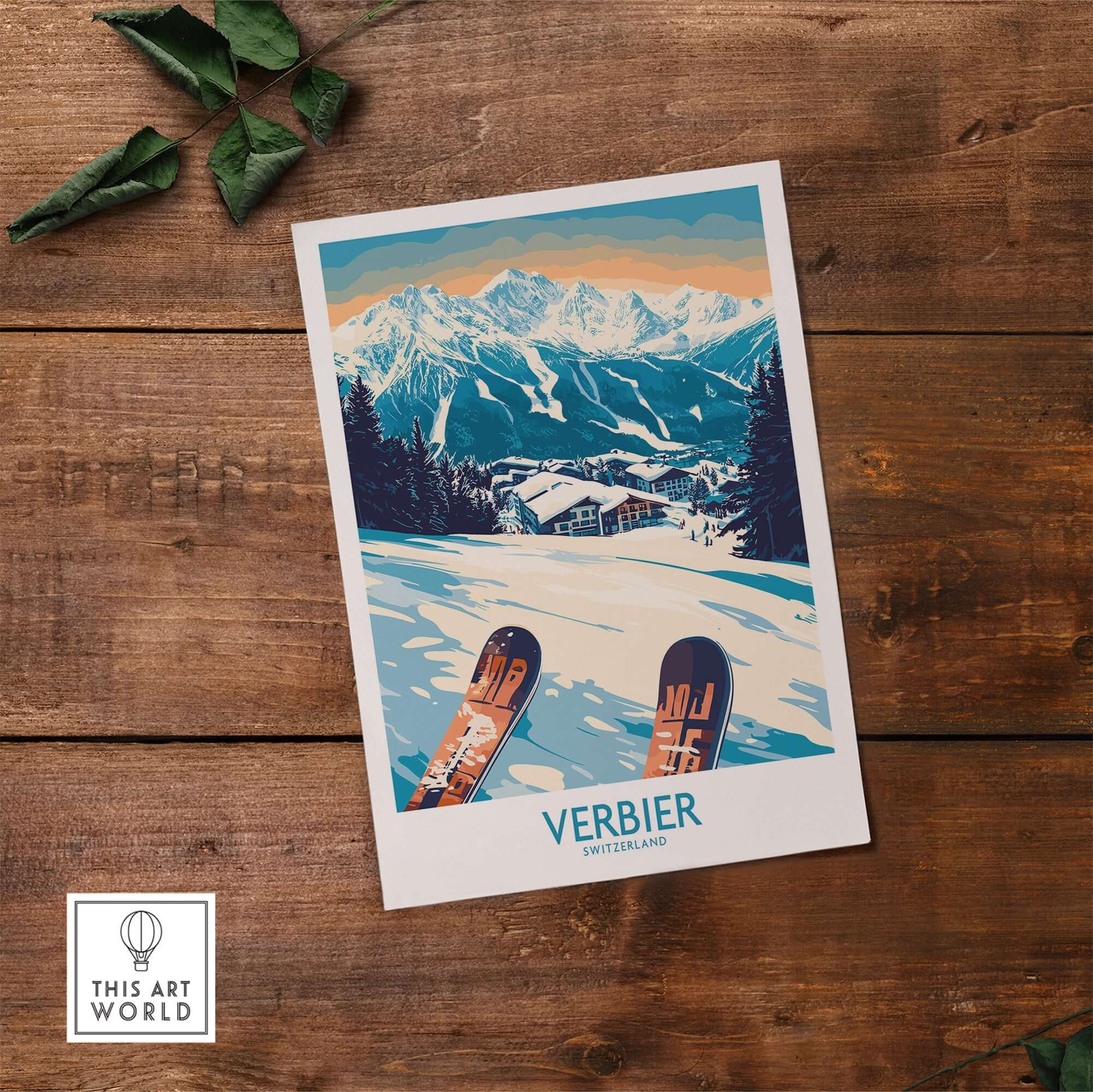 Verbier poster showcasing Swiss Alps with skiing scenery, perfect for adding travel-inspired decor to your space.
