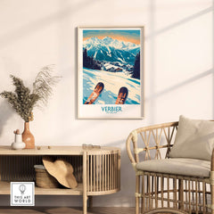 Verbier poster showcasing Swiss Alps, placed in a cozy living space with natural decor accents.