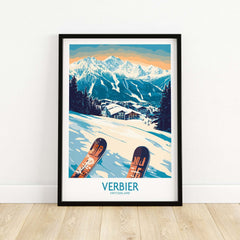 Verbier poster featuring ski equipment and Swiss Alps, perfect for travel and adventure lovers.