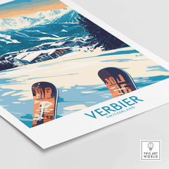 Verbier poster showcasing snowy Swiss Alps and skis, perfect for travel lovers and home décor enthusiasts.