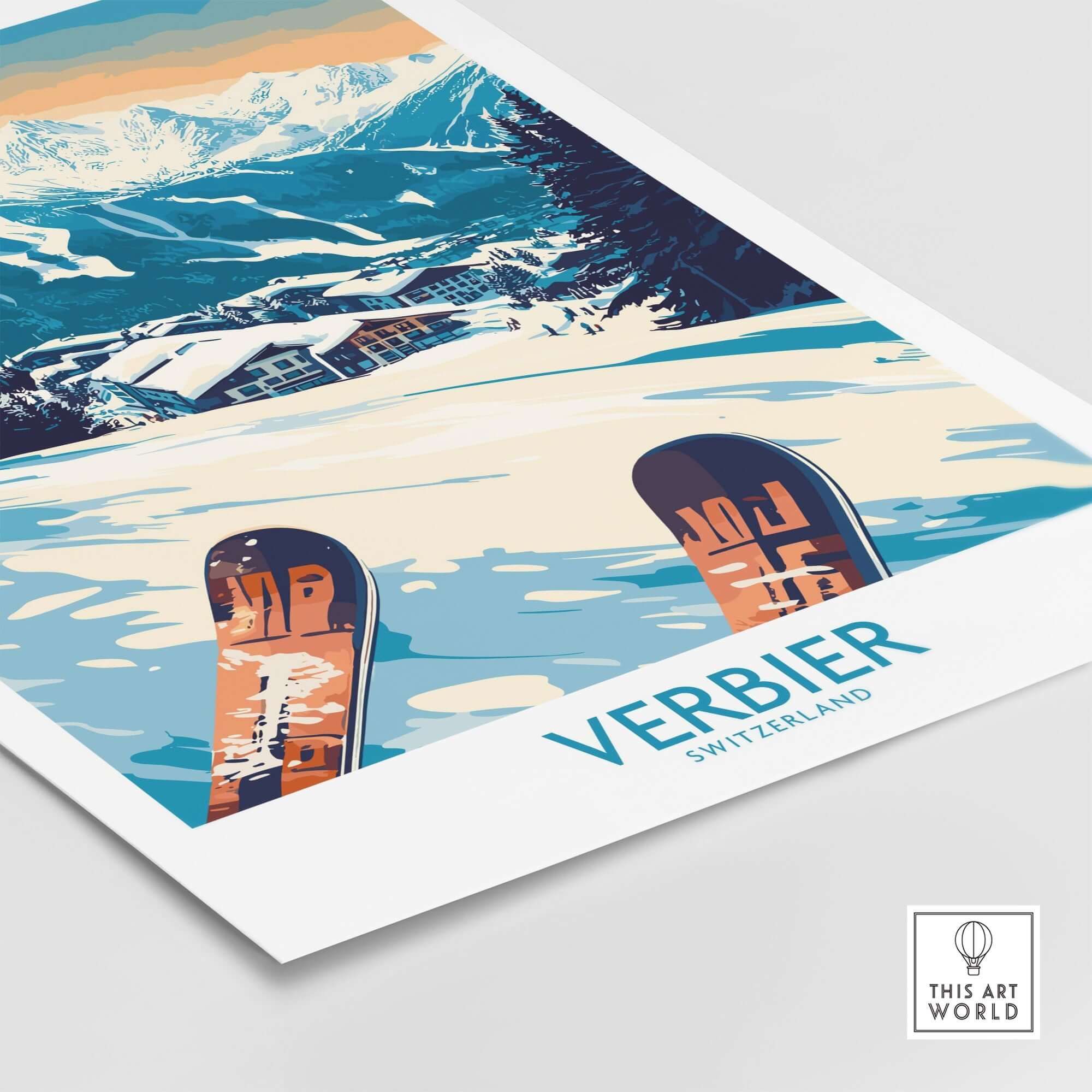 Verbier poster showcasing snowy Swiss Alps and skis, perfect for travel lovers and home décor enthusiasts.